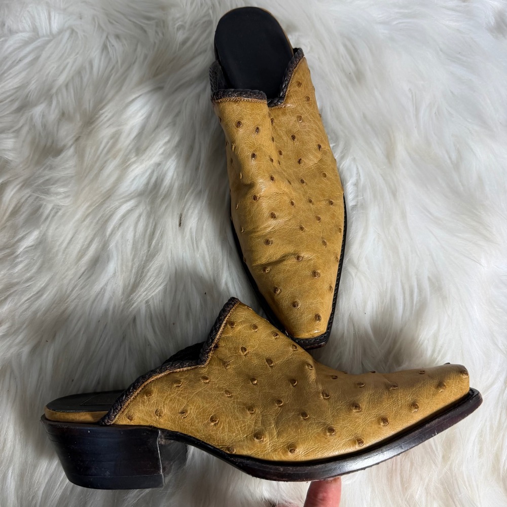 Tres Outlaws Ostrich Leather Mules Butterscotch Leather Western Pointy Toe  6.5